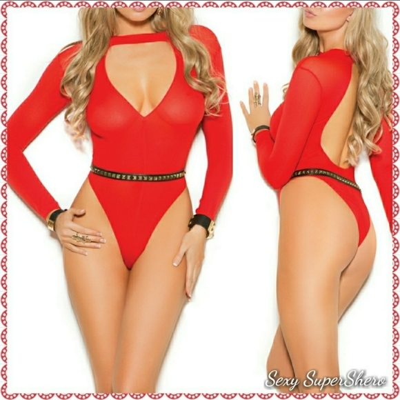 πBlack Sheer Scoop LS Bodysuit/Teddy Lingerie - Picture 6 of 7